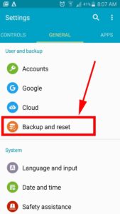 settings backup and reset options